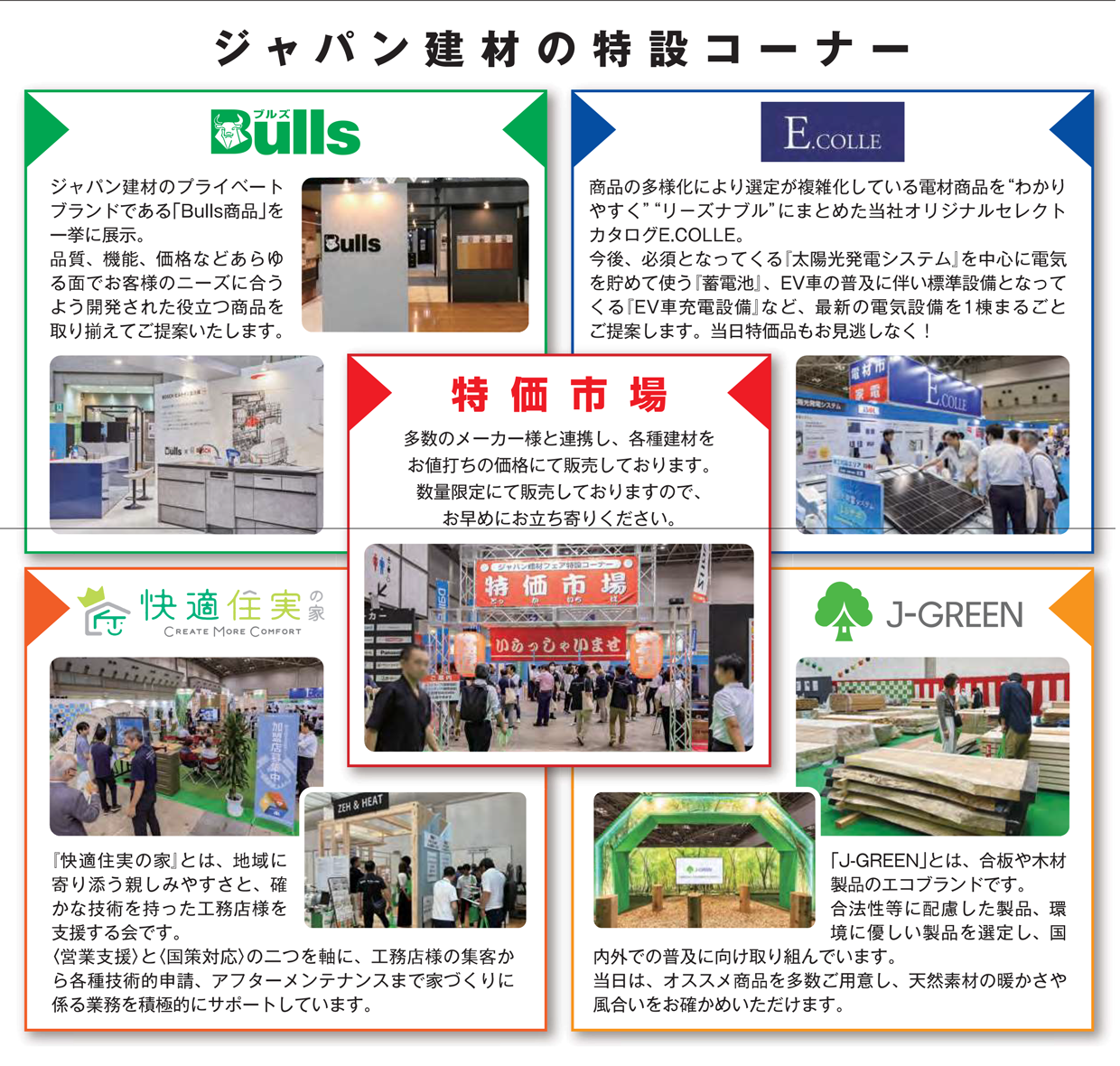 ジャパン建材のプライベートブランドである「Bulls商品」を一挙に展示。品質、機能、価格などあらゆる面でお客様のニーズに合うように開発された役立つ商品を取り揃えてご提案いたします。
商品の多様化により選定が複雑化している電材商品を